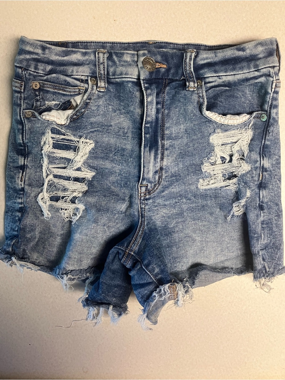 American Eagle Next Level Stretch Women's Blue Distressed High Rise Shorts Sz 6